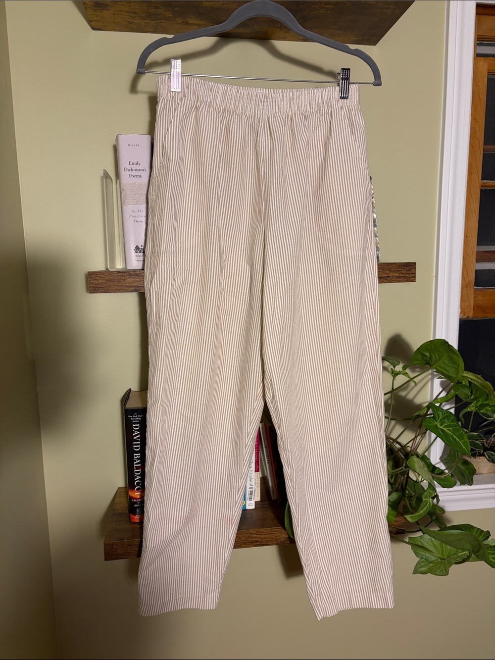 Vintage season ticket beige and white pinstripe pull on trousers